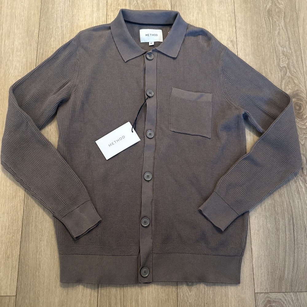 Method‎ Men's Polo Cardigan Sweater Medium Brown Cotton Button Front Luxury NWT